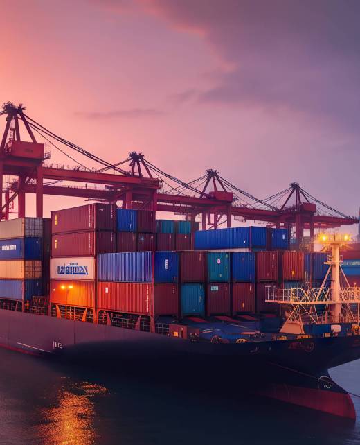 Container Cargo freight ship with working crane bridge at dusk for Logistic Import Export background